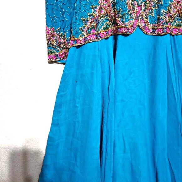 Adrianne Papell Turquoise Silk Pink & Gold Lavishly Beaded VTG 90s Evening Dress - Picture 9 of 12